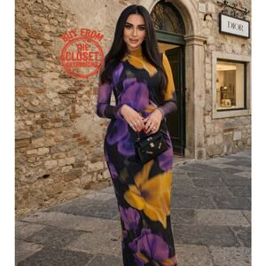 MANGO Fitted Floral Maxi Dress NWT | Multicolor High Neck Long Sleeve